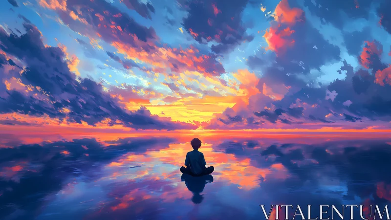 Meditative silhouette on reflective seascape under spectral sky.