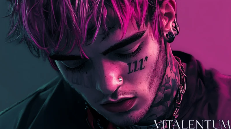 Neon portrait with pink hair, tattoos, moody side lighting.