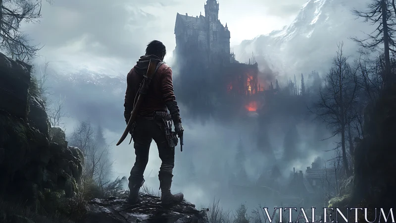 Lone wanderer gazes toward a burning cliffside fortress