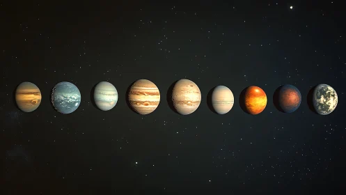 Row of stylized planets aligned horizontally against deep space