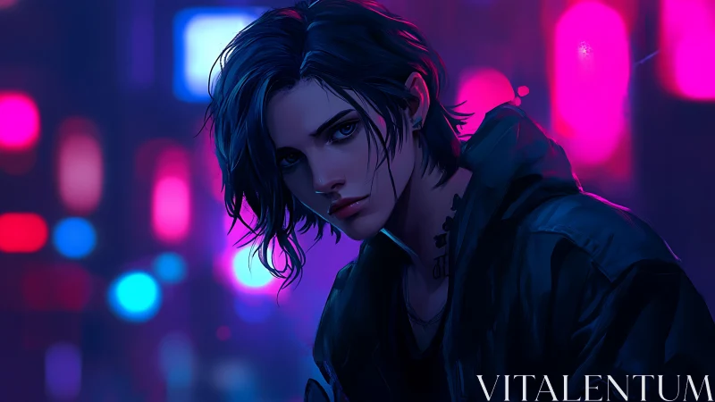 Neon-soaked cyberpunk portrait with bokeh urban backdrop.