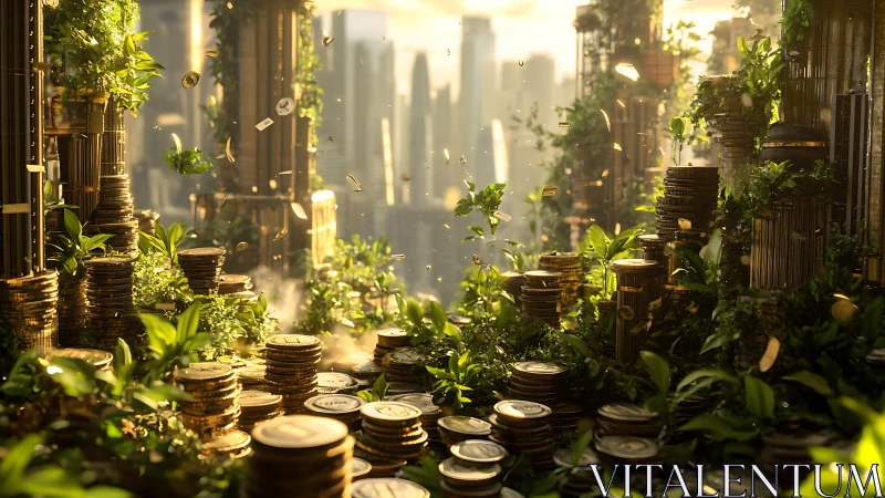 Lush futuristic city of stacked coins and overgrown plants.