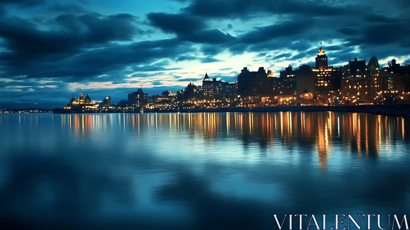 Coastal city skyline at dusk reflected on calm water.