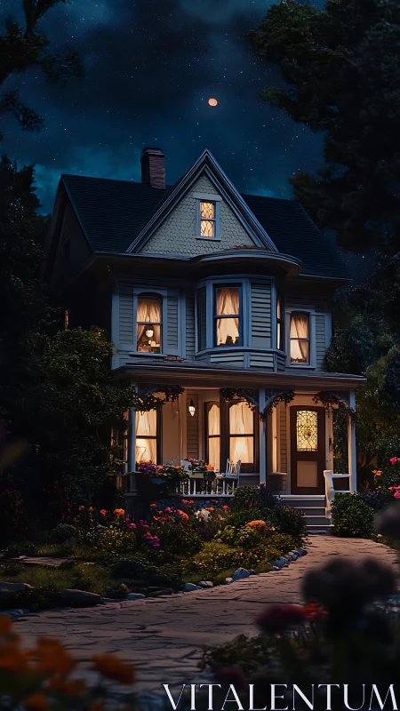 Victorian house glowing under starry night sky.
