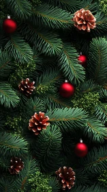 Evergreen fir branches cradle red ornaments and pinecones.