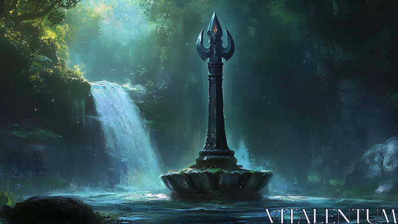 Ancient trident obelisk hums quietly in a misted forest glade