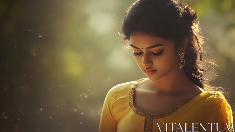 Serene woman in traditional yellow dress, soft natural lighting.