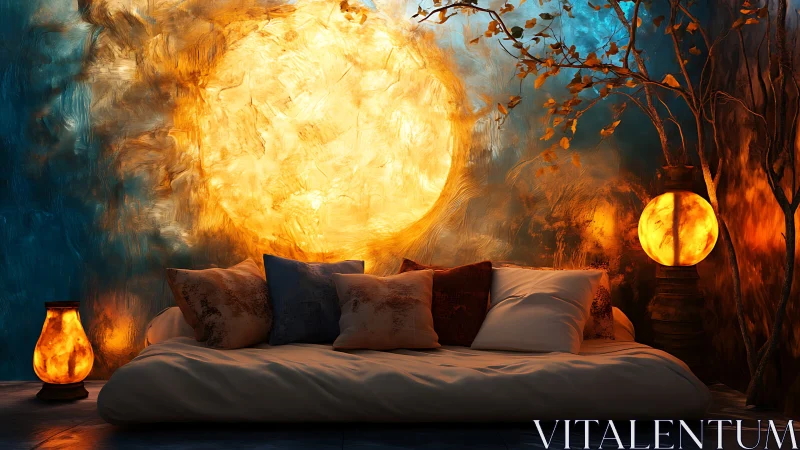 Digital painting bedroom under molten sunlit mural glow.