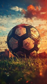 Soccer ball rests on grass under dramatic sunset sky