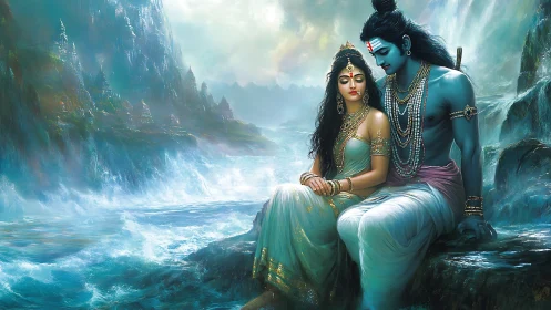 Divine couple resting by shimmering mountain waters.
