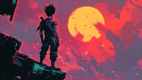 Solitary warrior watching vivid neon sunset sky.