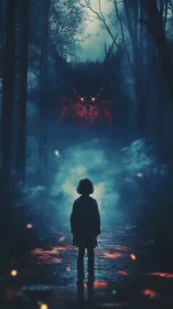 Child confronting ember-eyed forest demon in misty night.