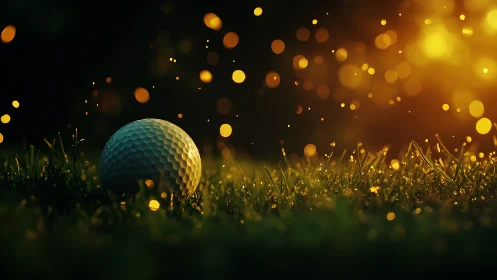 Golf ball on dewy grass under warm golden evening light.
