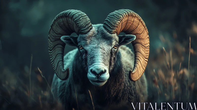 Stoic ram with massive curved horns in wild habitat.