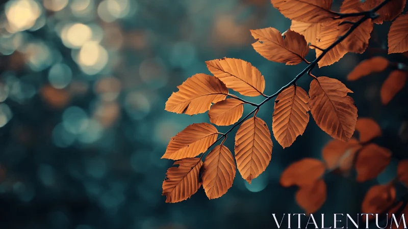 Autumn orange leaves on branch with soft bokeh background, nature photo.