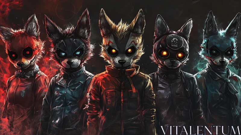 Neon cyberpunk fox squad with glowing eyes in armor.