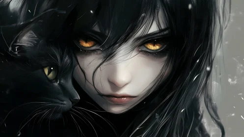 Digital portrait of pale woman with black cat companion.