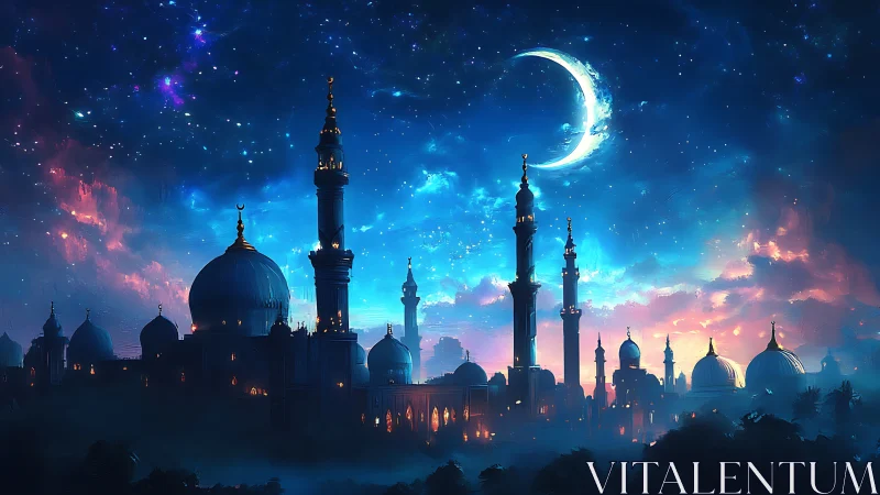 Silhouetted domed skyline stands under crescent moon at dusk