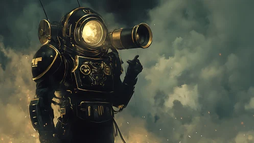 Steam-powered astronaut in smoke-filled cosmic dusk.