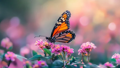 Vibrant monarch butterfly rests gently in dreamy garden light