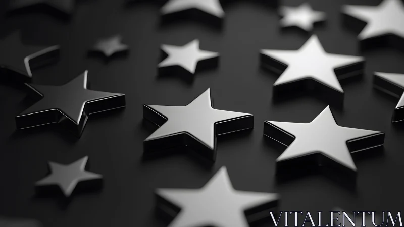 Shiny Black 3D Stars on Dark Background, Minimalist Style.