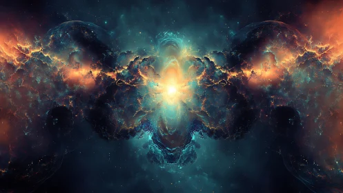 Nebula gate igniting twin galaxies in mirrored collision.