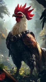 Armored Warrior Rooster in Enchanted Forest Light.