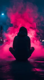 Hooded figure seated before dense pink smoke plume at night.