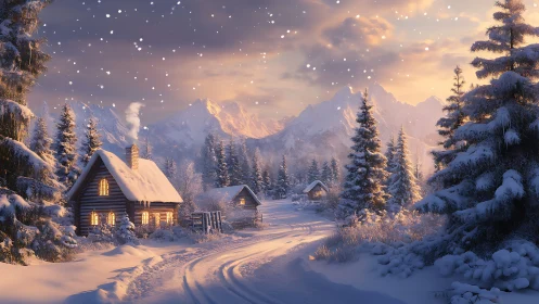 Snow-covered alpine cabins at dusk with glowing window light