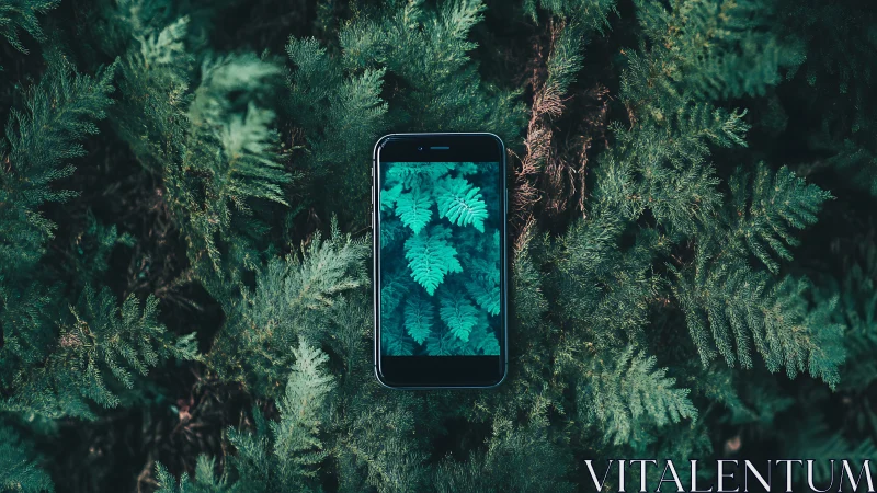 Smartphone displaying fern foliage placed centrally among dense green vegetation