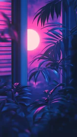 Neon moonlight through window with silhouetted tropical leaves.