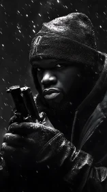 Hooded man holding handgun in falling snow at night.
