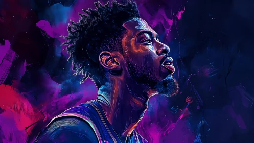 Vivid neon portrait of focused basketball player profile.