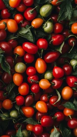 Colorful cherry tomatoes and leaves in close-up view.
