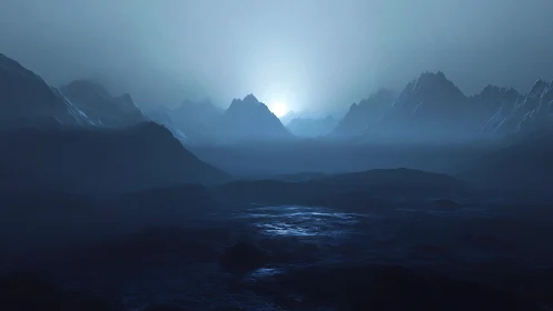 Cold blue mountains under low sun in misty silence.