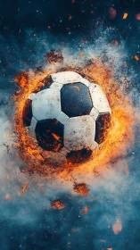 Exploding soccer ball surrounded by bright fire and smoke.
