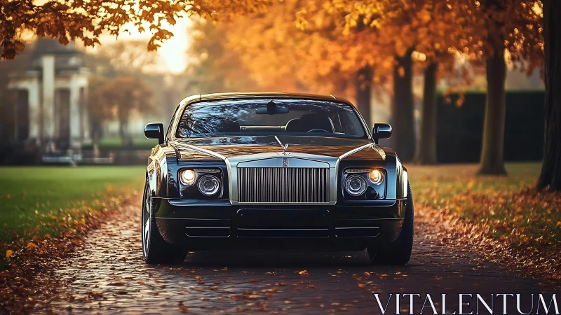 Luxury sedan framed by autumn foliage on cobblestone driveway