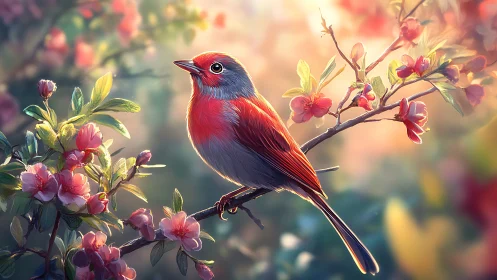 Vibrant red-breasted songbird on flowering branch, digital art style.