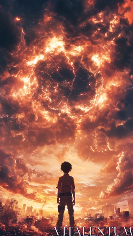 Silhouetted figure observes fiery circular formation in sky