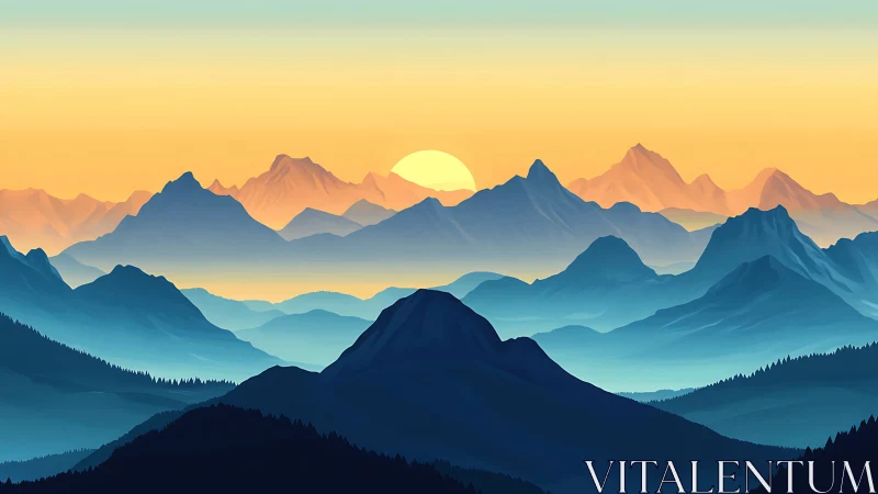 Serene sunrise unfolds over layered blue mountain ranges