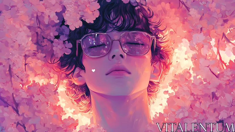 Softly glowing youth rests in dreamy cherry blossom haze