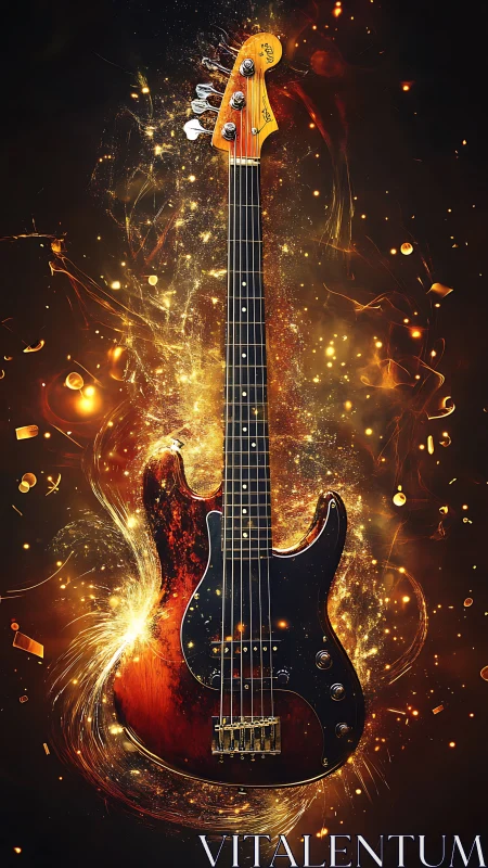 Electric bass guitar engulfed in swirling golden sparks.