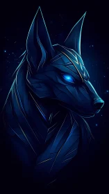 Stylized jackal-headed figure rendered in glowing blue lines