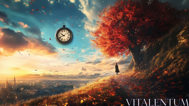 Temporal skyline under autumn tree with levitating pocket watch.