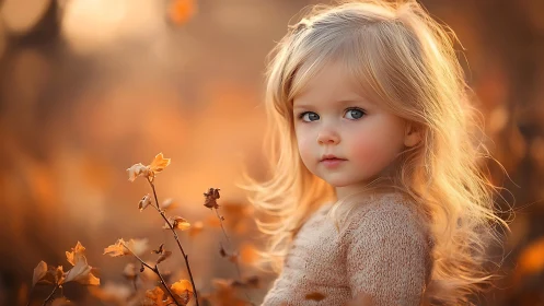 Young girl with golden hair gazes thoughtfully amid autumn flowers.