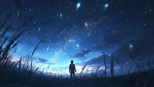 Silhouette observing meteor shower over night grassland.