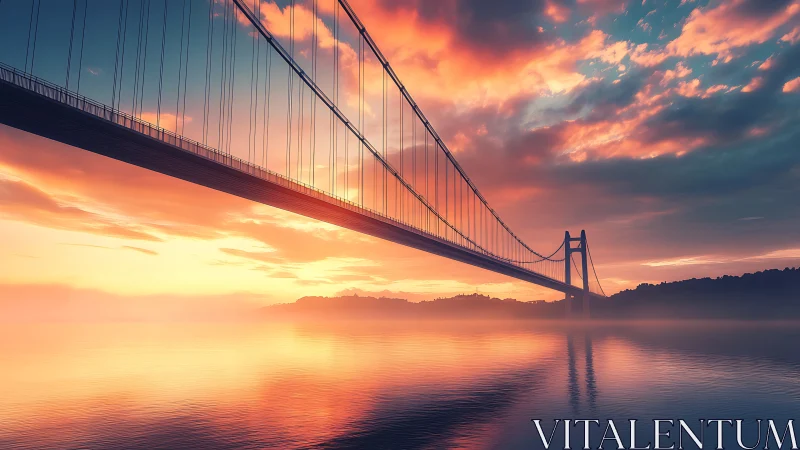 Golden hour suspension bridge spanning misty bay waters.