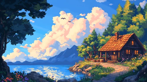 Lakeside pixel cottage glows beneath towering sunset clouds.
