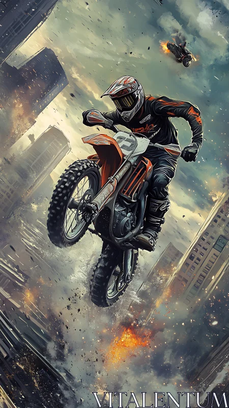 Fearless dirt biker soaring through a crumbling city skyline.
