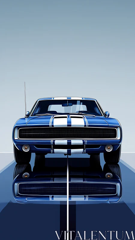 Bold blue muscle car stands poised with racing stripe flair